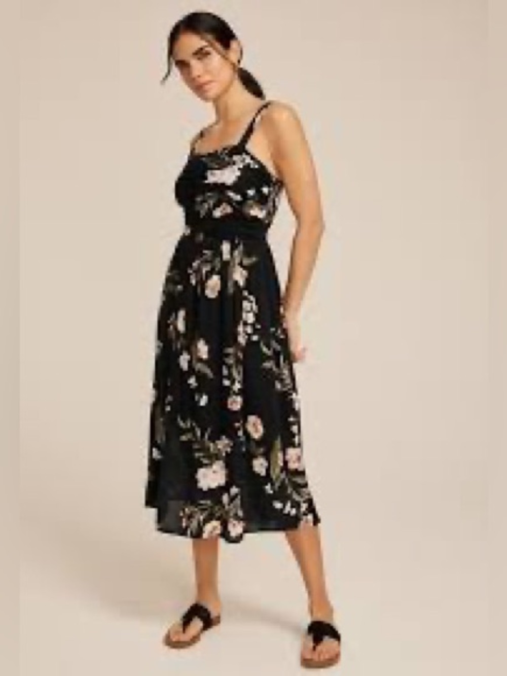 Maurices Black Floral Sleeveless Midi Dress with Ruched Square Neck, XL